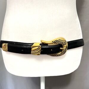 Vintage 90's Lady‎ Captiva Leather Belt Gold Buckle Moto Maximalist Black XL